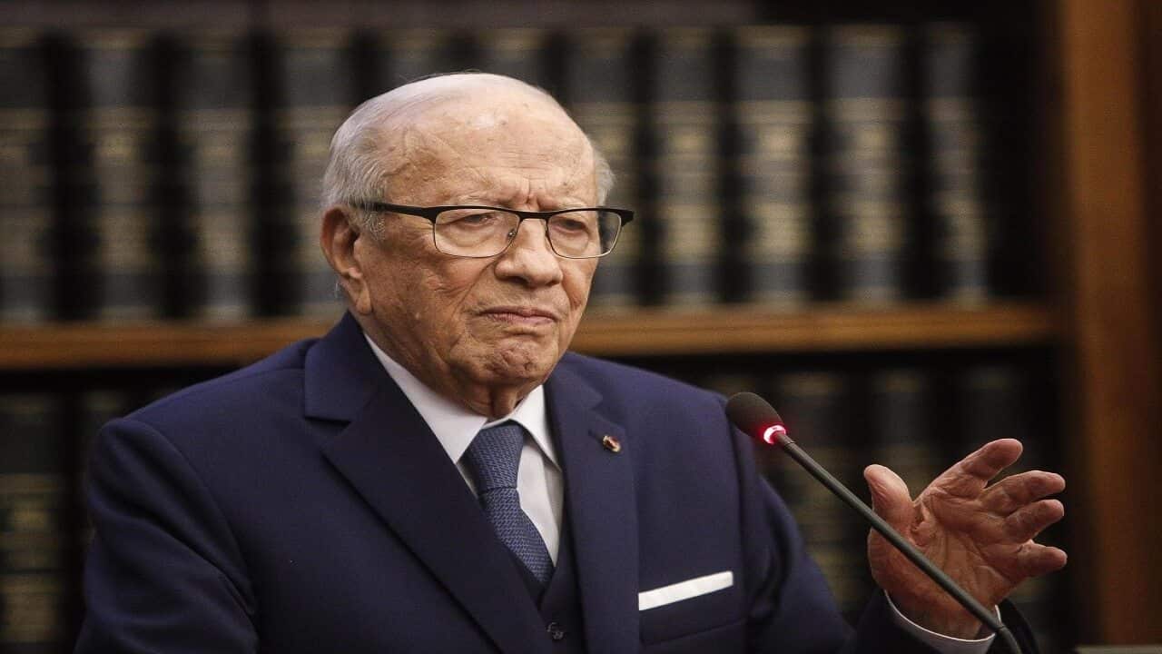 Tunisian president Beji Caid Essebsi during a press conference in Italy.