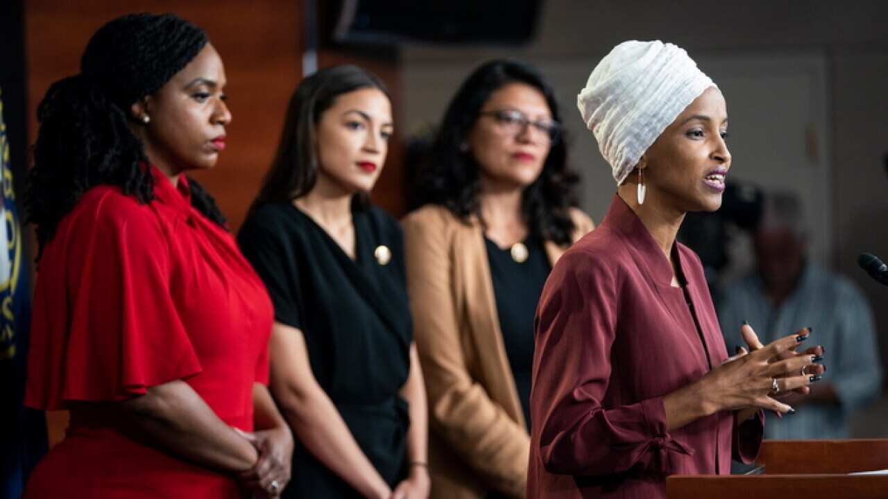 (L-R) Democratic Representatives Ayanna Pressley, Alexandria Ocasio-Cortez, Rashida Tlaib and Ilhan Omar