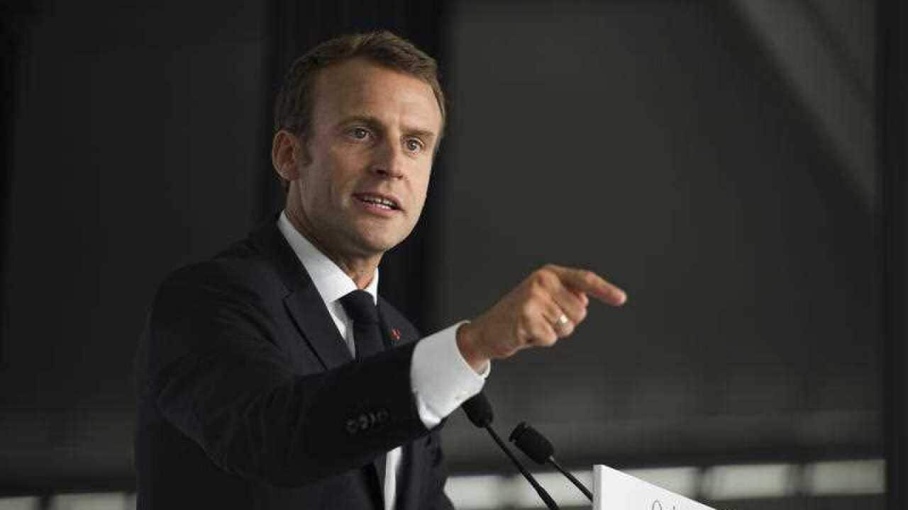 French President Emmanuel Macron gives a speech in Western France