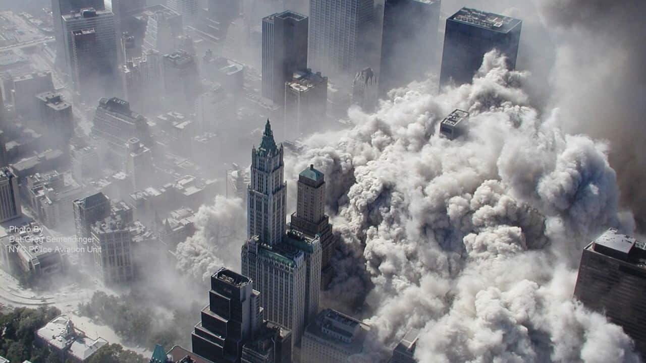 An aerial view of the terror attacks on the World Trade Center in New York