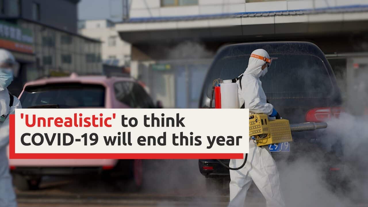 Workers wearing hazmat suits disinfect the premises of a market in the Daxing district of Beijing on January 21, 2021.