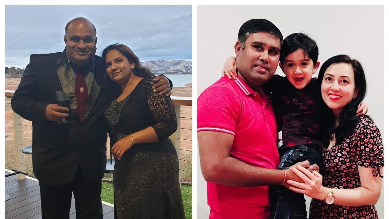 Albury residents Devang and Damini Upadhyay (L) and Wodonga resident Diyana (R) with her family