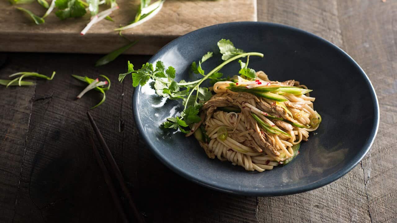Shredded chicken, cucumber and noodle salad