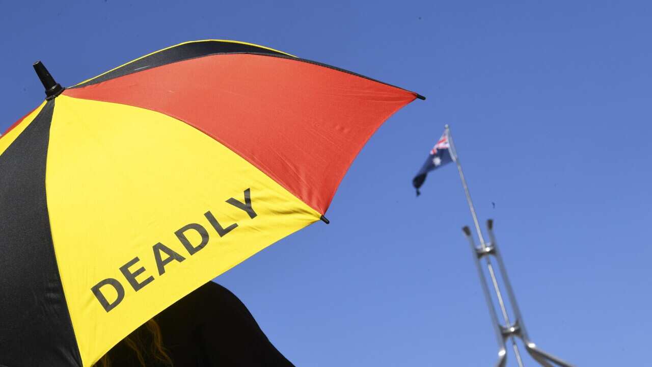 An umbrella at parliament house in Canberra