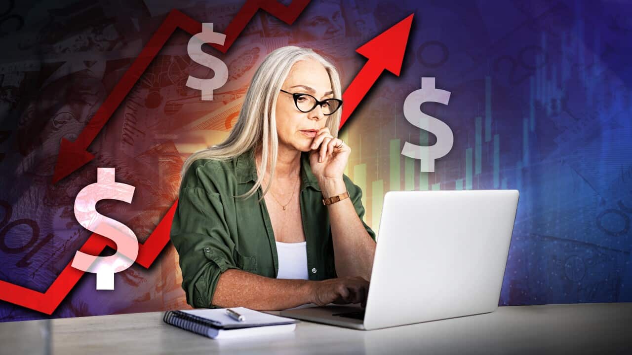 A woman looking at a laptop with images of Australian currency, dollar symbols and upward-pointing arrows in the background