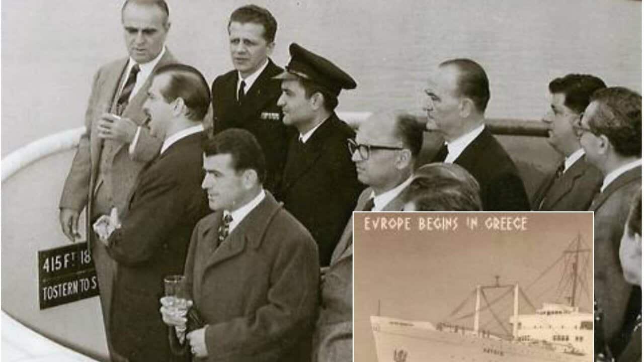 Greece's then Prime Minister Konstantinos Karamanlis with officials inaugurating the passenger liner "Patris"