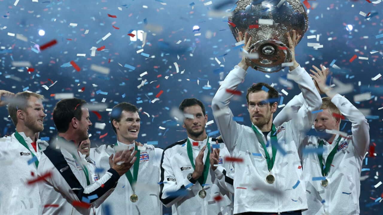 Andy Murray lifts the trophy after the Great Britain won the Davis Cup
