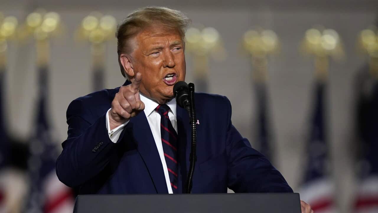 President Donald Trump speaks from the South Lawn of the White House on the fourth day of the Republican National Convention, Thursday, Aug. 27, 2020, in Washington. (AP Photo/Evan Vucci)