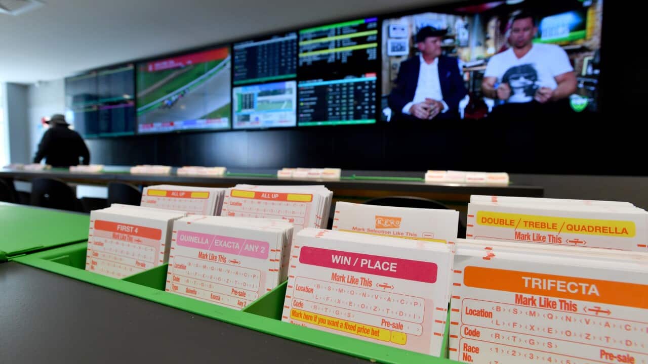 Betting slips are seen inside a gambling venue.