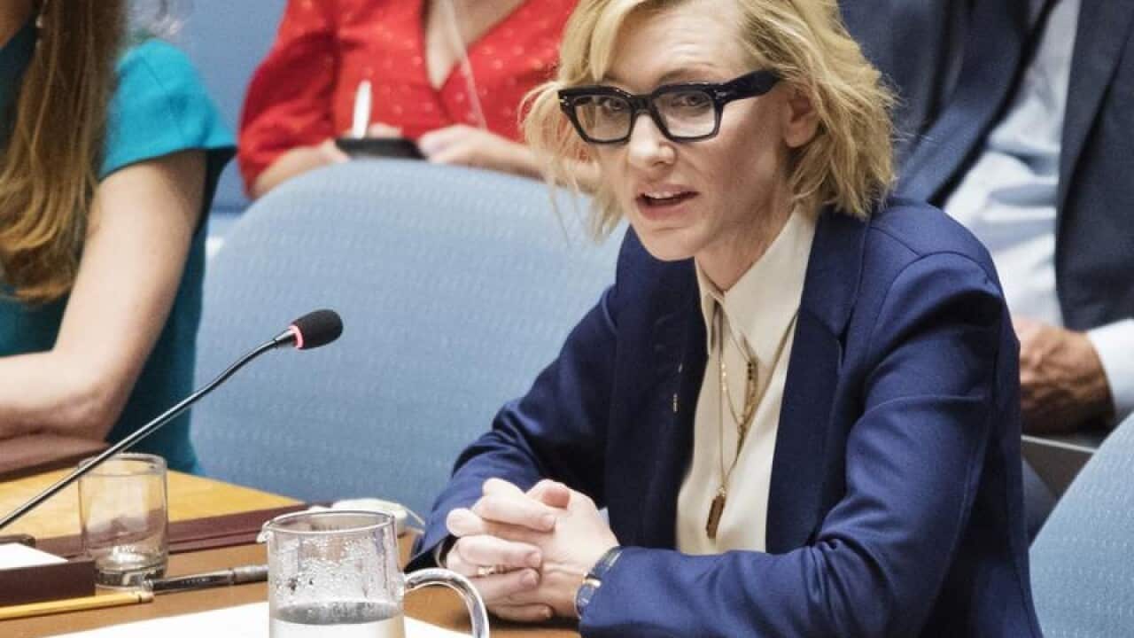 Goodwill Ambassador Cate Blanchett speaks to the UN Council.