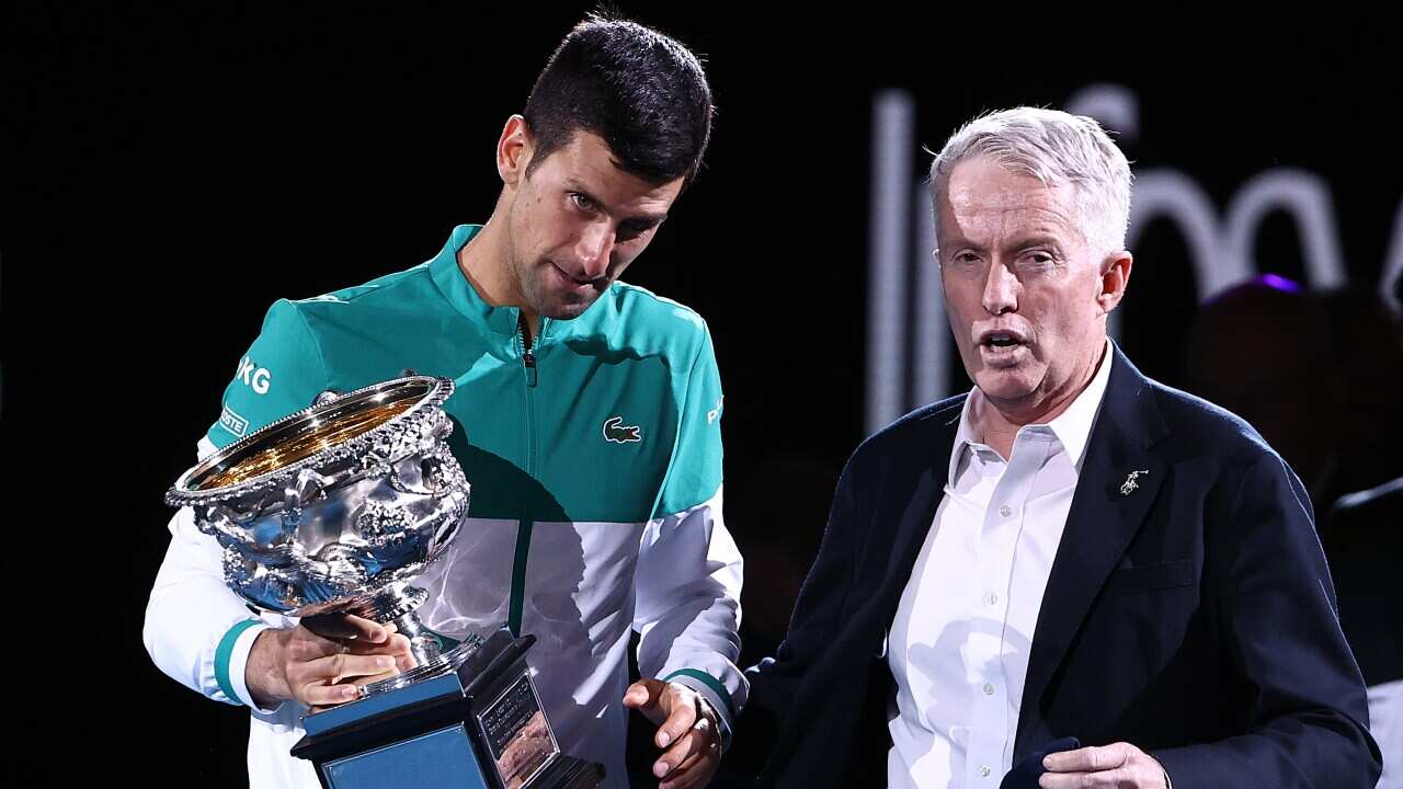 Novak Djokovic of Serbia speaks with CEO of Tennis Australia Craig Tiley on 21February 21, 2021 in Melbourne, Australia.