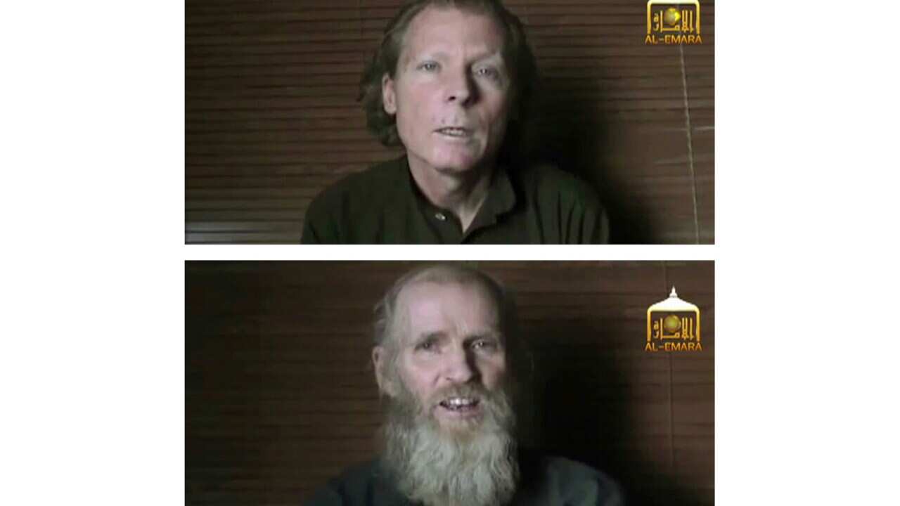 Screenshot from 2017 Taliban video shows kidnapped teachers Australian Timothy Weeks ( top) and American Kevin King