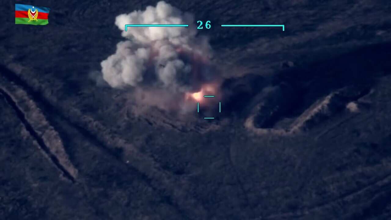Screenshot from Azerbaijan Ministry of Defence video allegedly shows an Armenian tank being destroyed by Azerbaijan's military.