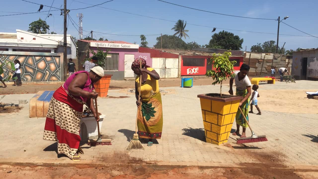 Attività contro il coronavirus alla periferia di Maputo, Mozambico.