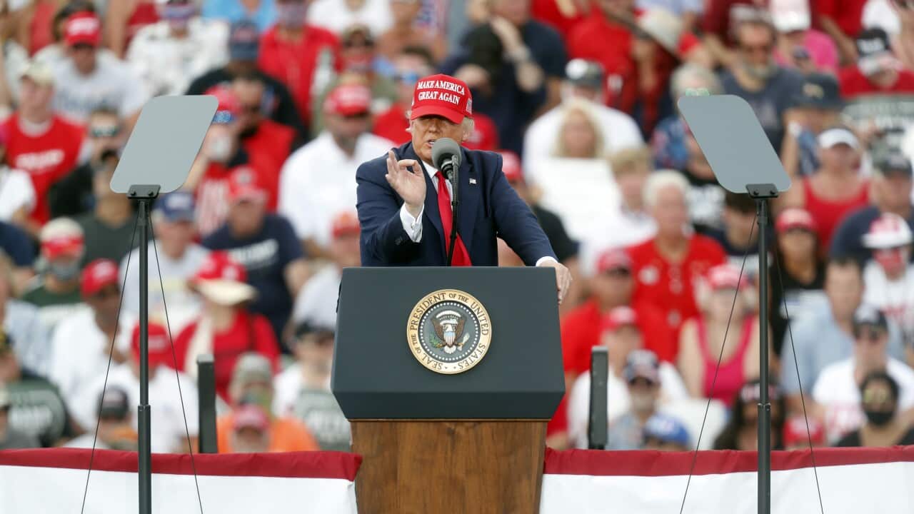 President Donald Trump gives a campaign speech just four days before Election Day outside of Raymond James Stadium on October 29, 2020 in Tampa, Florida.