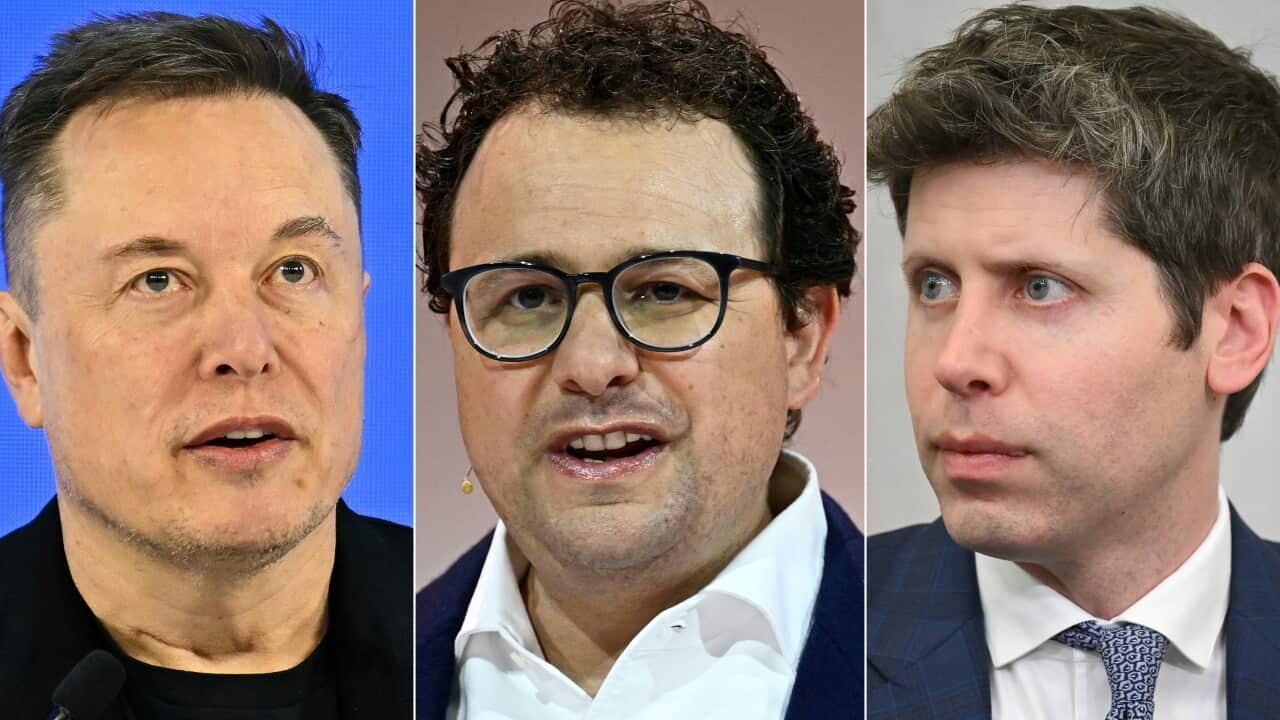 Side-by-side portrait headshots of xAI owner Elon Musk, Anthropic CEO Dario Amodei wearing glasses, and OpenAI CEO Sam Altman.