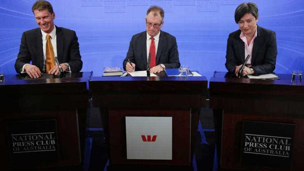 Senators Cory Bernardi and Penny Wong prepare to debate gay marriage at the National Press Club of Australia in Canberra