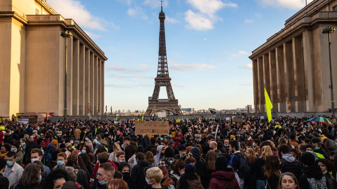 Demonstrations against the French Government's newly passed Global Security law turn violent at Place du Trocadero on 21 November.