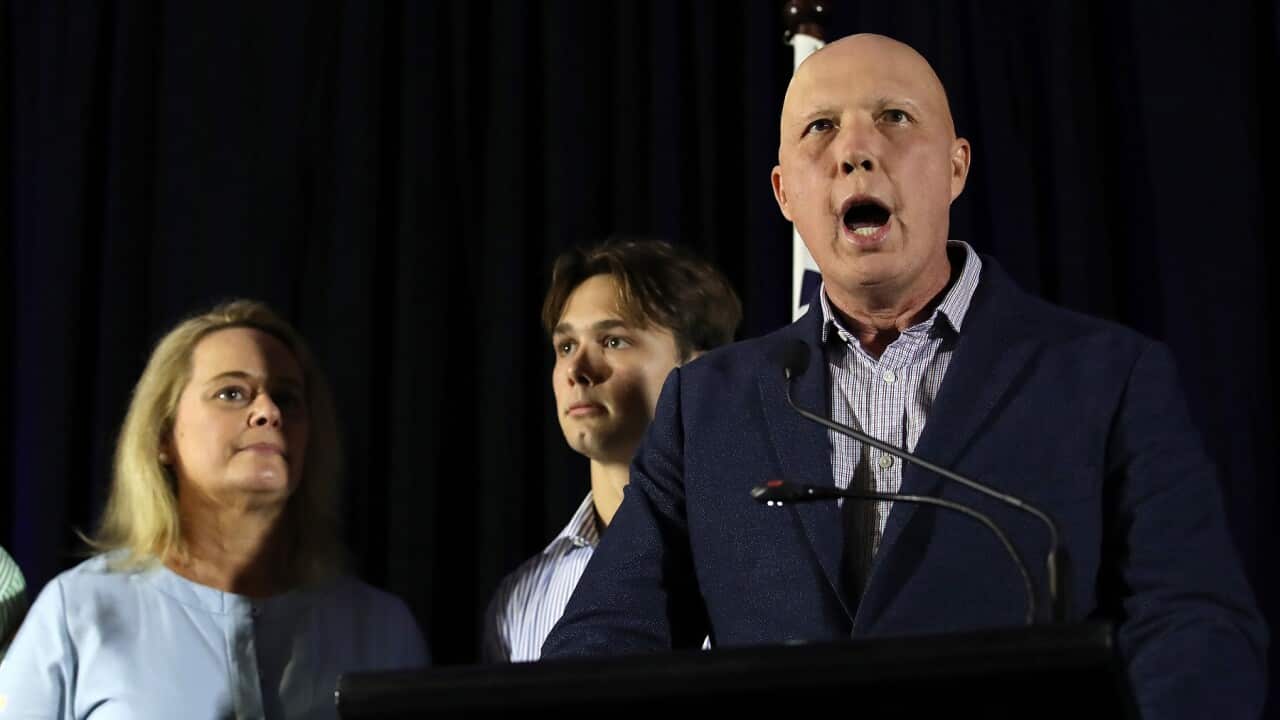 Peter Dutton speaks at his Liberal Reception for the 2022 Federal Election, in the seat of Dickson, Brisbane, Saturday, May 21, 2022. More than 17 million Australians have voted to elect the next federal government. (AAP Image/Jono Searle) NO ARCHIVING