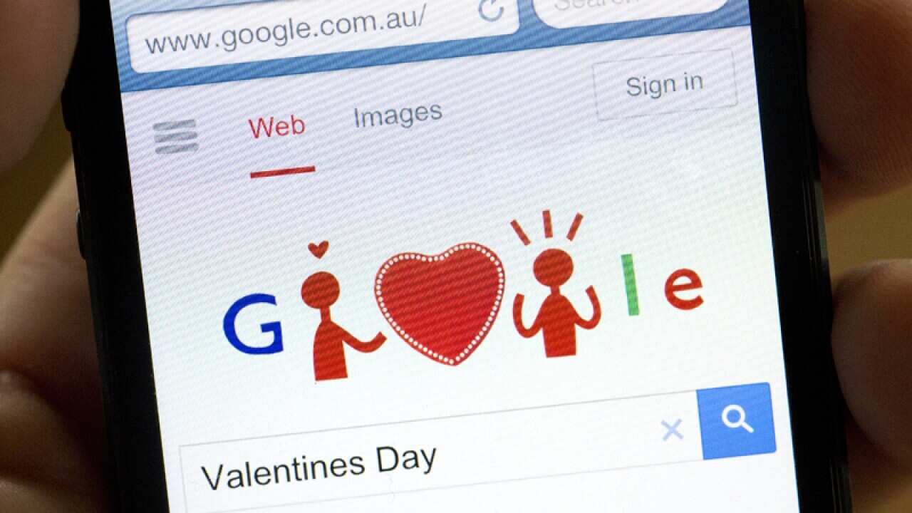 Stock Image web page showing Google logo in a Valentines Day theme