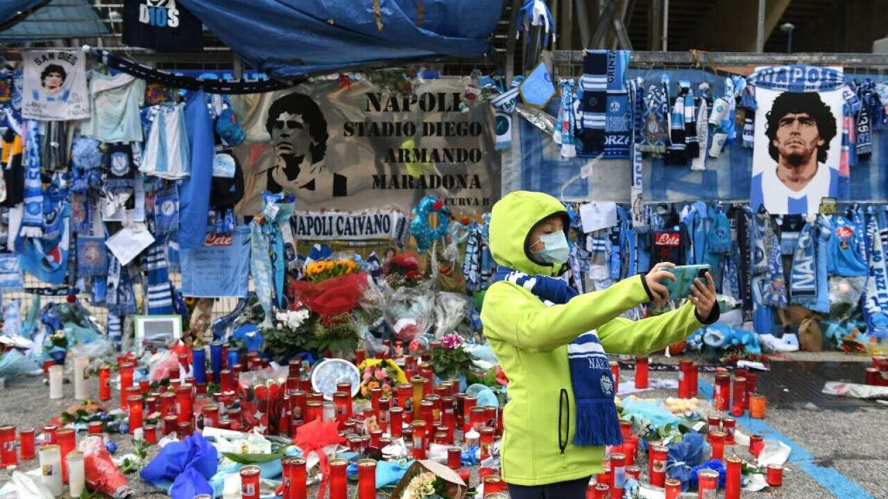 Tributes to Diego Maradona outside the San Paolo Stadium in Naples, Italy