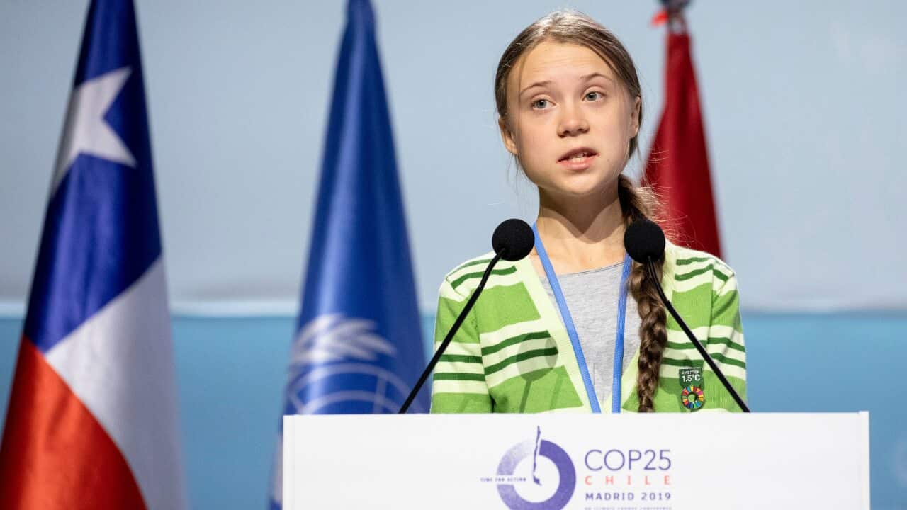 Swedish environment activist Greta Thunberg delivers a speech at the plenary session during the COP25 Climate Conference.