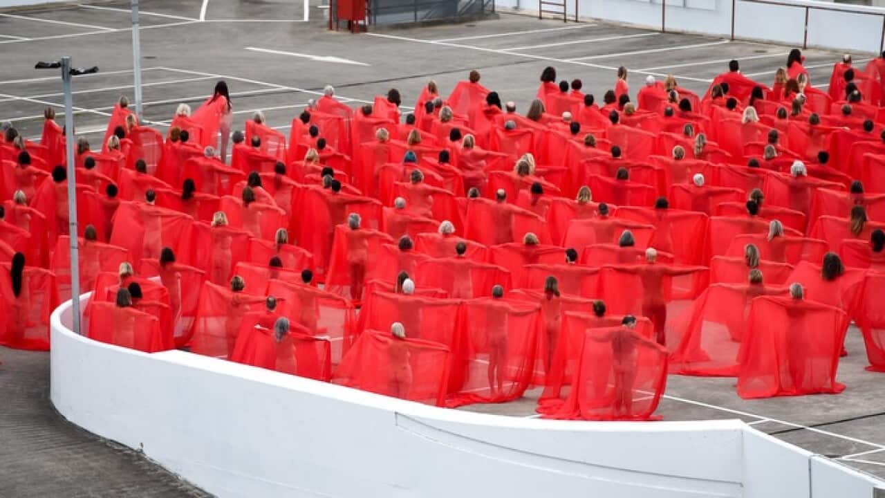 Nude Melburnians posing for Contemporary Artist Spencer Tunick's latest piece, 'Return of the Nude'.