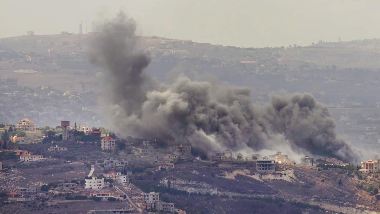 Smoke rises from Israeli airstrikes on villages in the Nabatiyeh district, seen from the southern town of Marjayoun, Lebanon