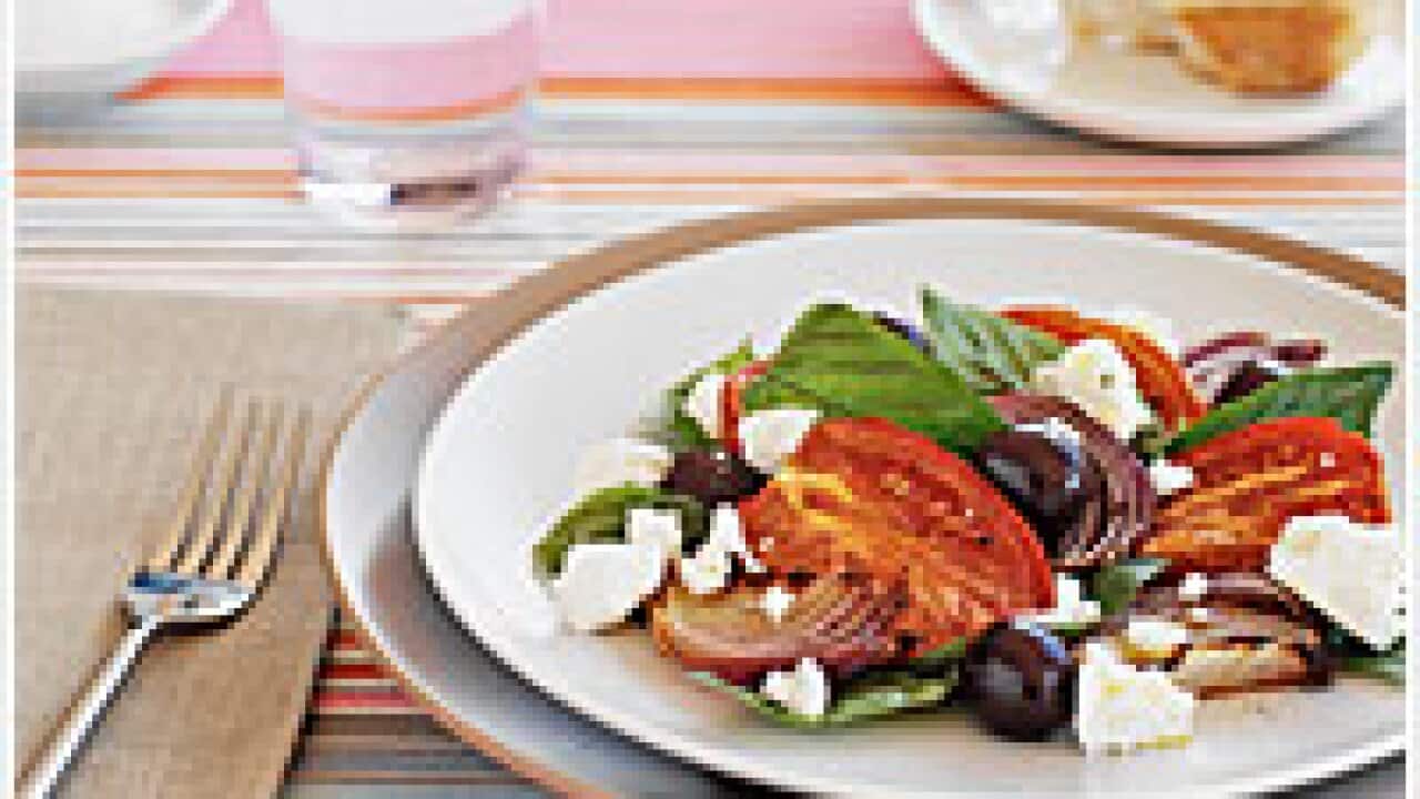 Roasted tomato, onion and olive salad