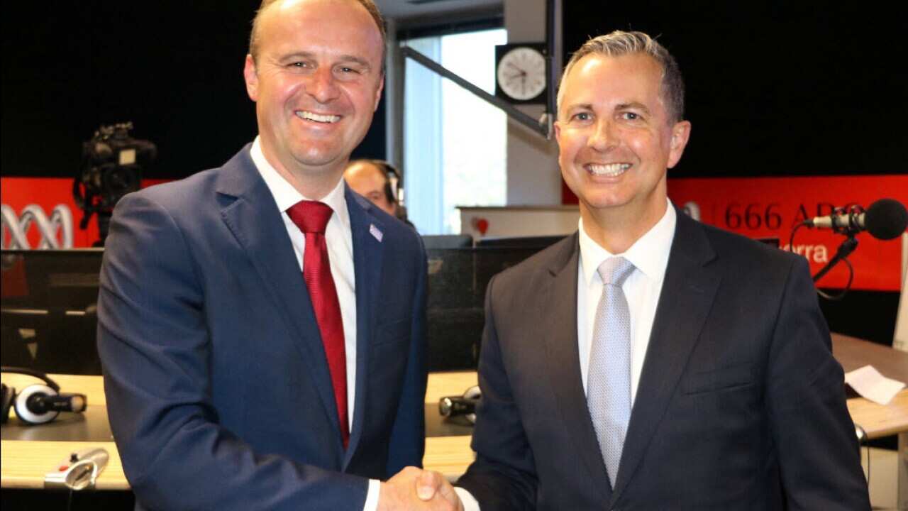 ACT Chief Minister Andrew Barr (left) and opposition leader Jeremy Hanson