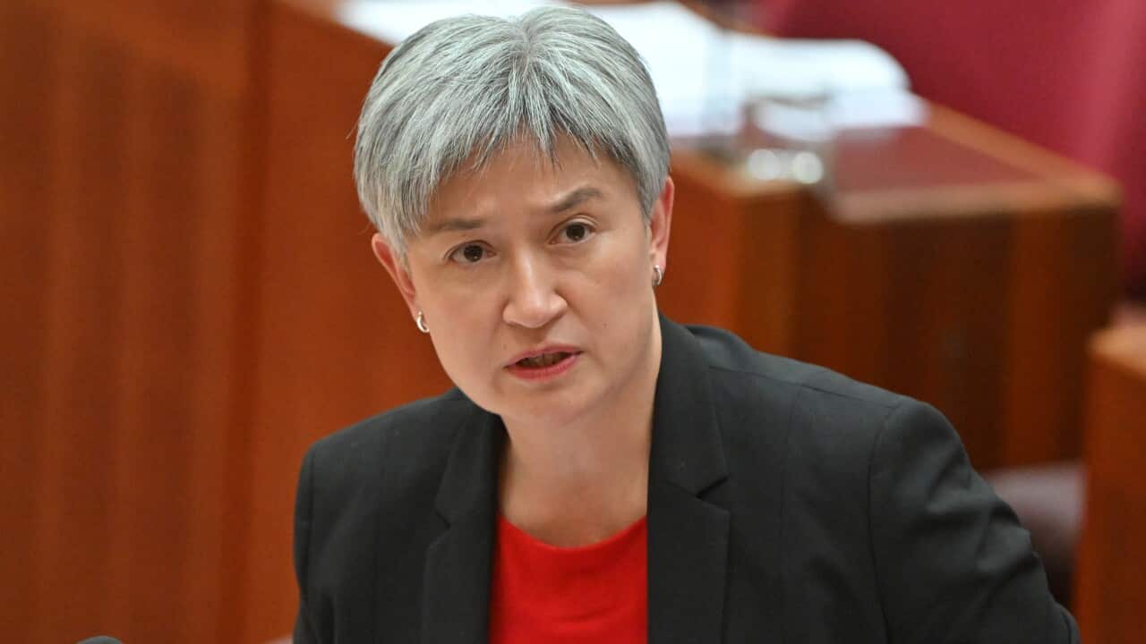Penny Wong, wearing a red top and black blazer, speaking in front of microphones.