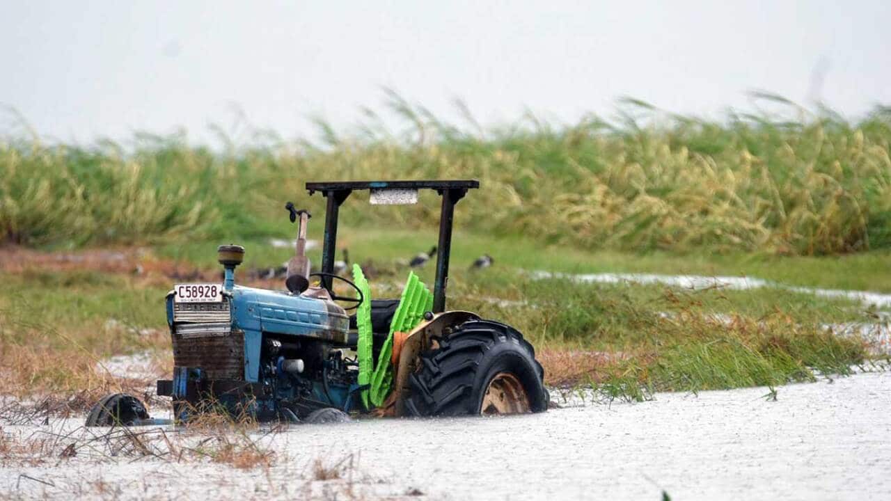 A tractor is seen inundated with water on a property south of Bowen after Cyclone Debbie
