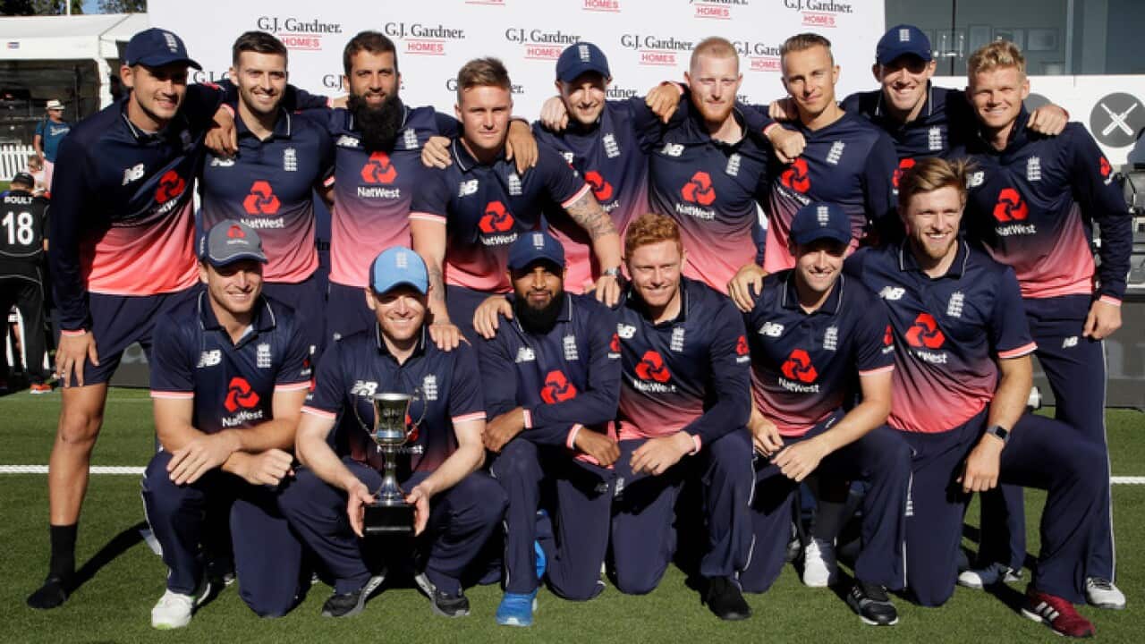 The England cricket team pose for a group photo after defeating New Zealand by seven wickets to win the five match one day cricket series 3-2 in Christchurch, New Zealand, Saturday, March 10, 2018. (AP Photo/Mark Baker)
