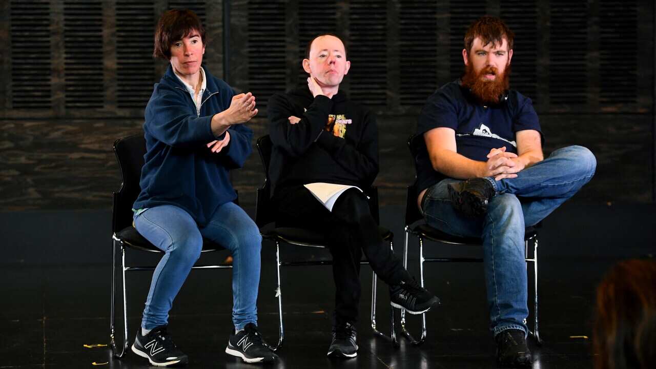 A group of actors with disabilities rehearse for their first shows.