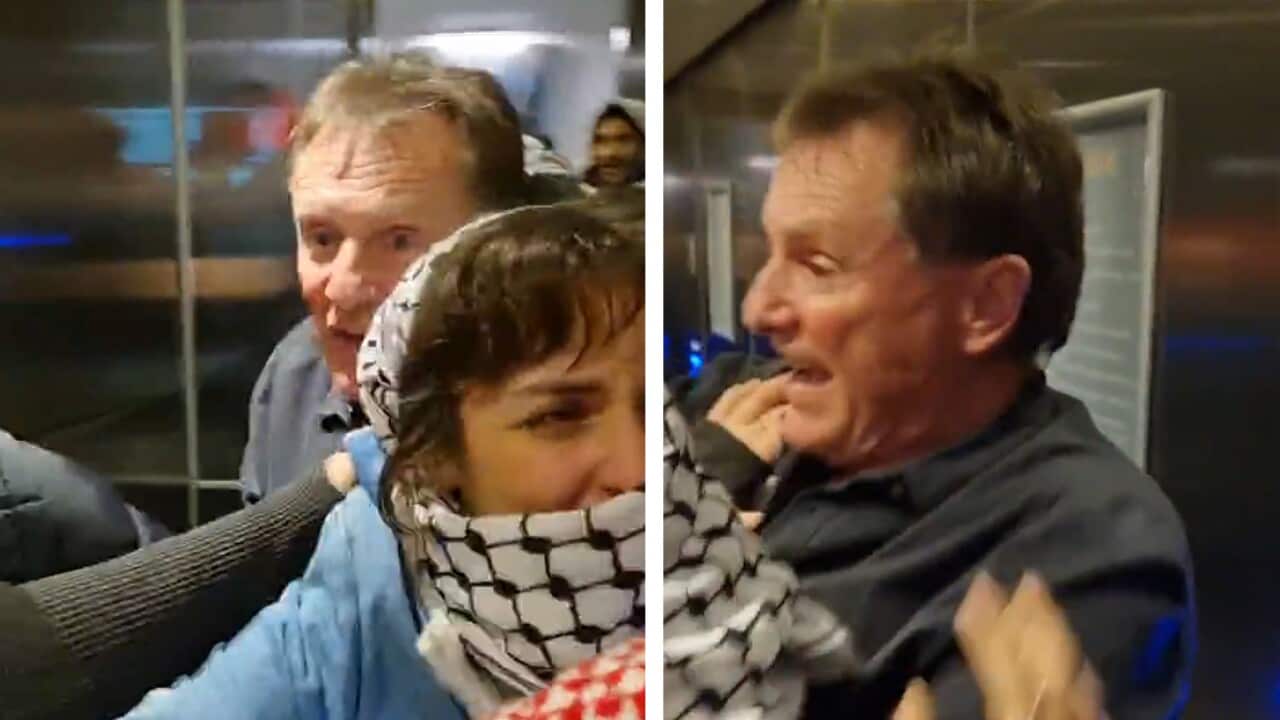 A composite of two side by side images show a man and a woman in an elevator.