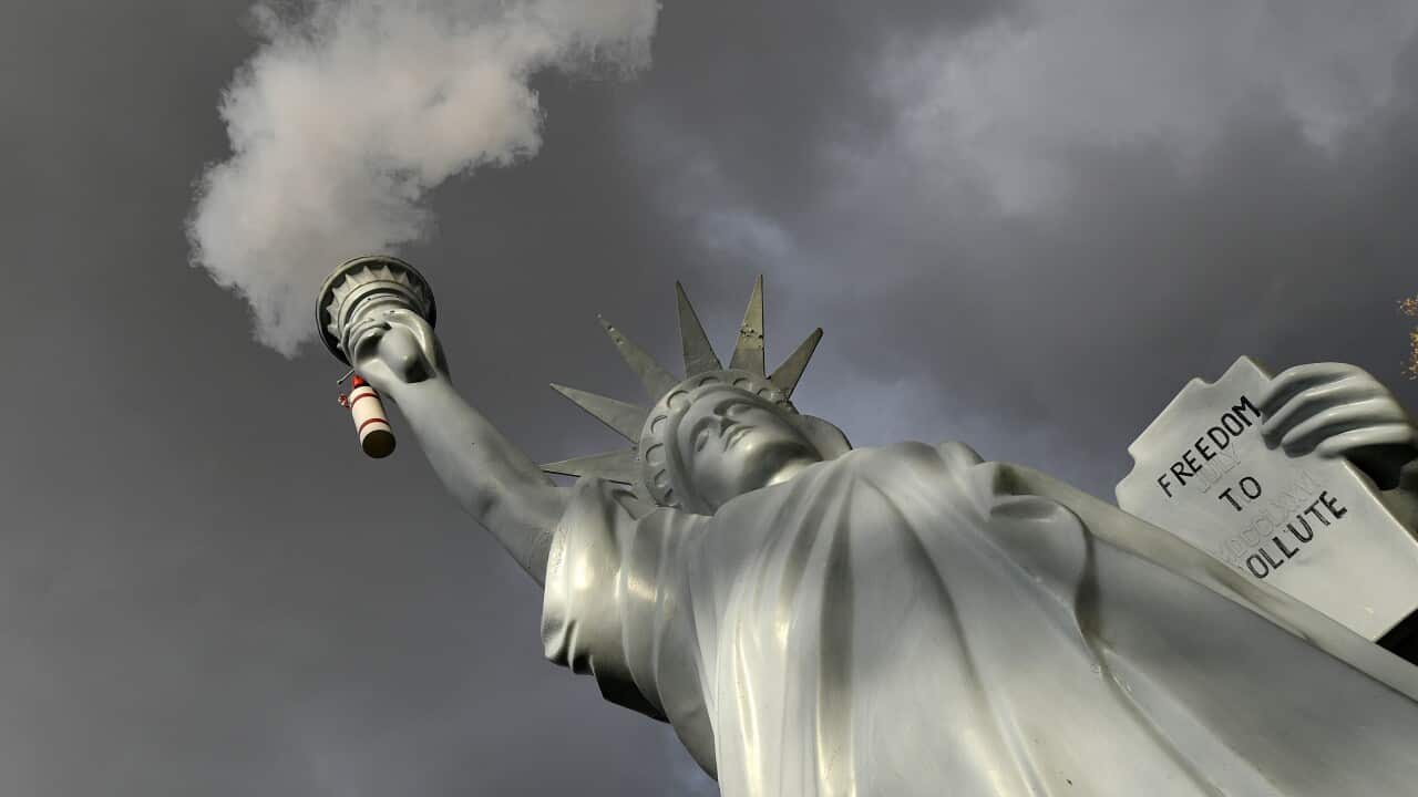 A replica of the Statue of Liberty by Danish artist Jens Galschiot emits smoke in a park outside the climate talks in Bonn.