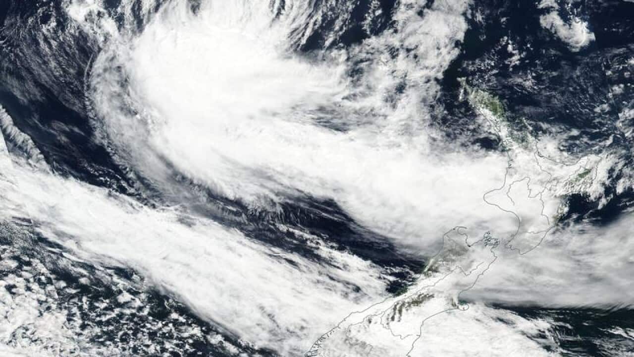 A satellite image of Cyclone Gita approaching New Zealand.