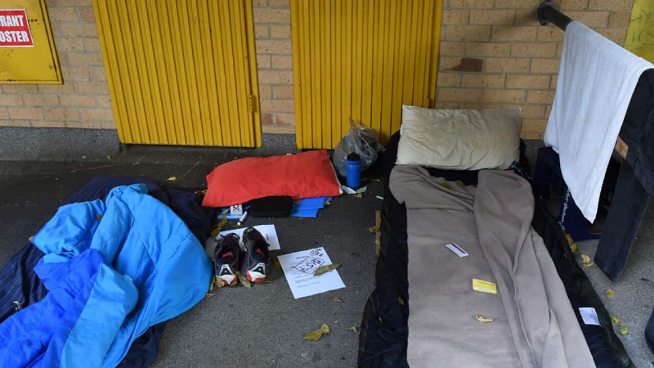 The belongings and sleeping quarters of a homeless person in Sydney