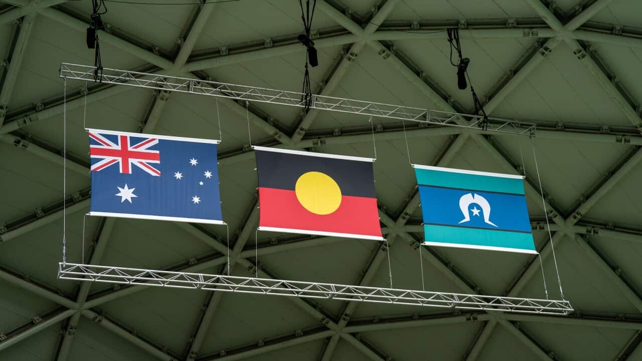 The Australian, Aboriginal and Torres Strait Islander flags during the 2023 FIFA Womens World Cup football match between Nigeria and Canada