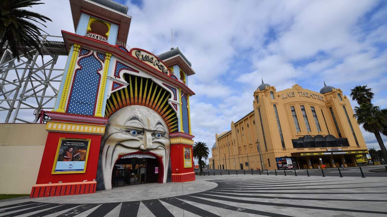 Luna Park in St Kilda, Melbourne, Wednesday, August 18, 2021. Victoria has recorded 24 new cases of locally acquired Covid19 in the past 24 hours. (AAP Image/James Ross) NO ARCHIVING