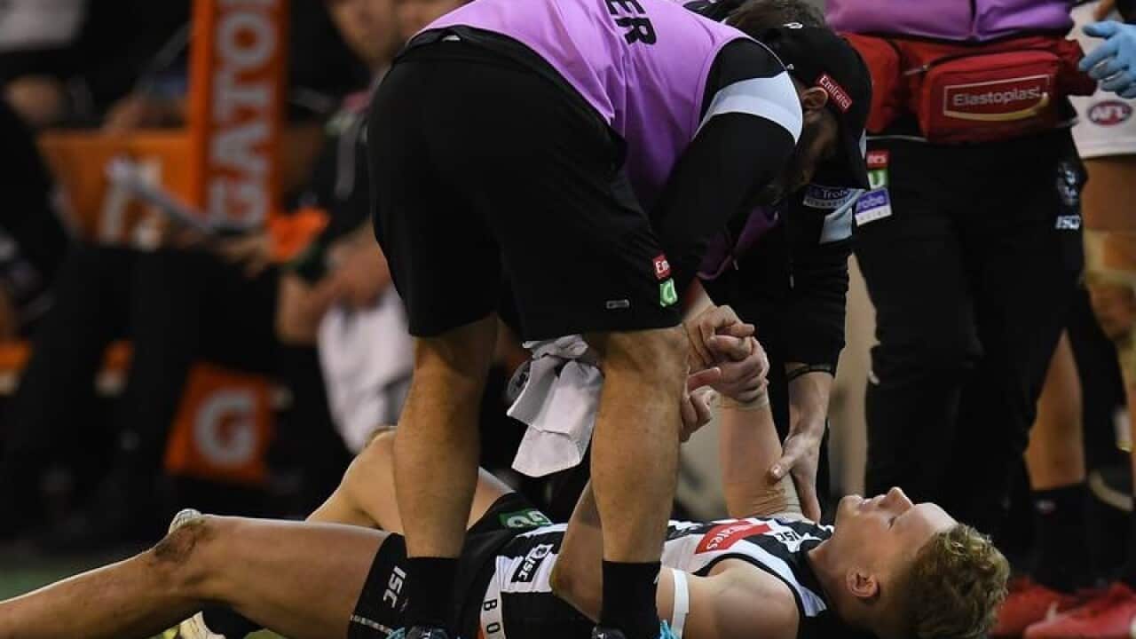 Adam Treloar of the Magpies is seen.