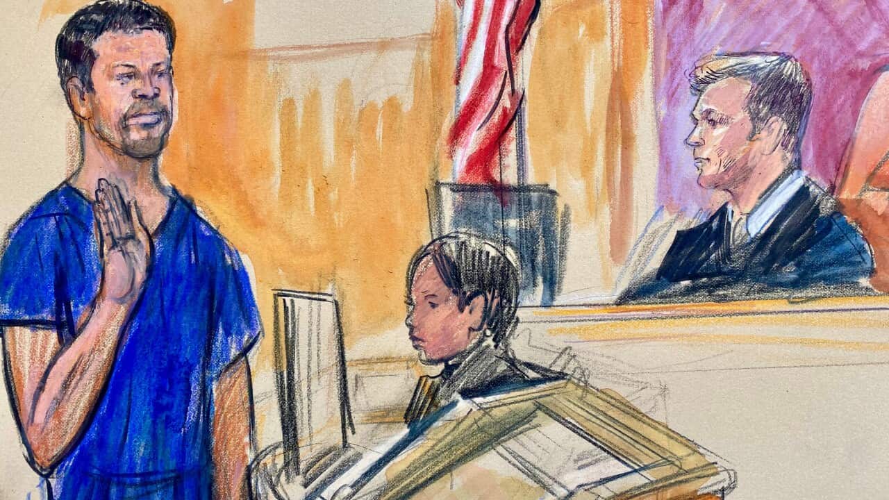 Courtroom sketch of a man in a blue short-sleeved shirt raising his hand to be sworn in before a judge.