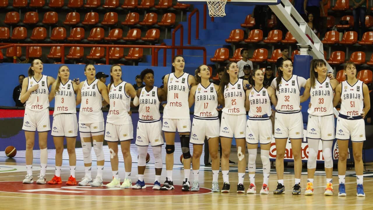 Serbia women's basketball team listens to the national anthem prior to the match against Australia in Belem, Brazil