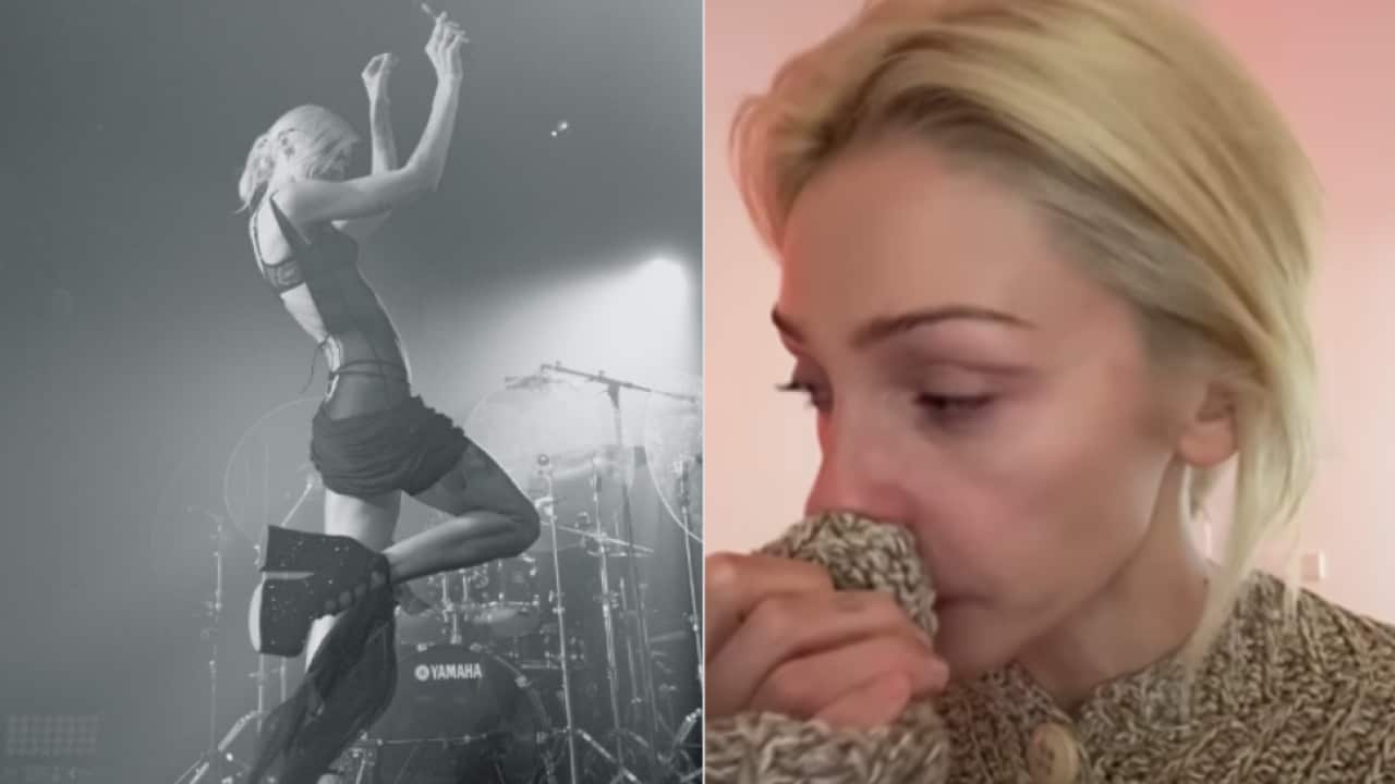 A woman wearing black is posing in an armchair, another photo shows her crying while wearing a jumper.