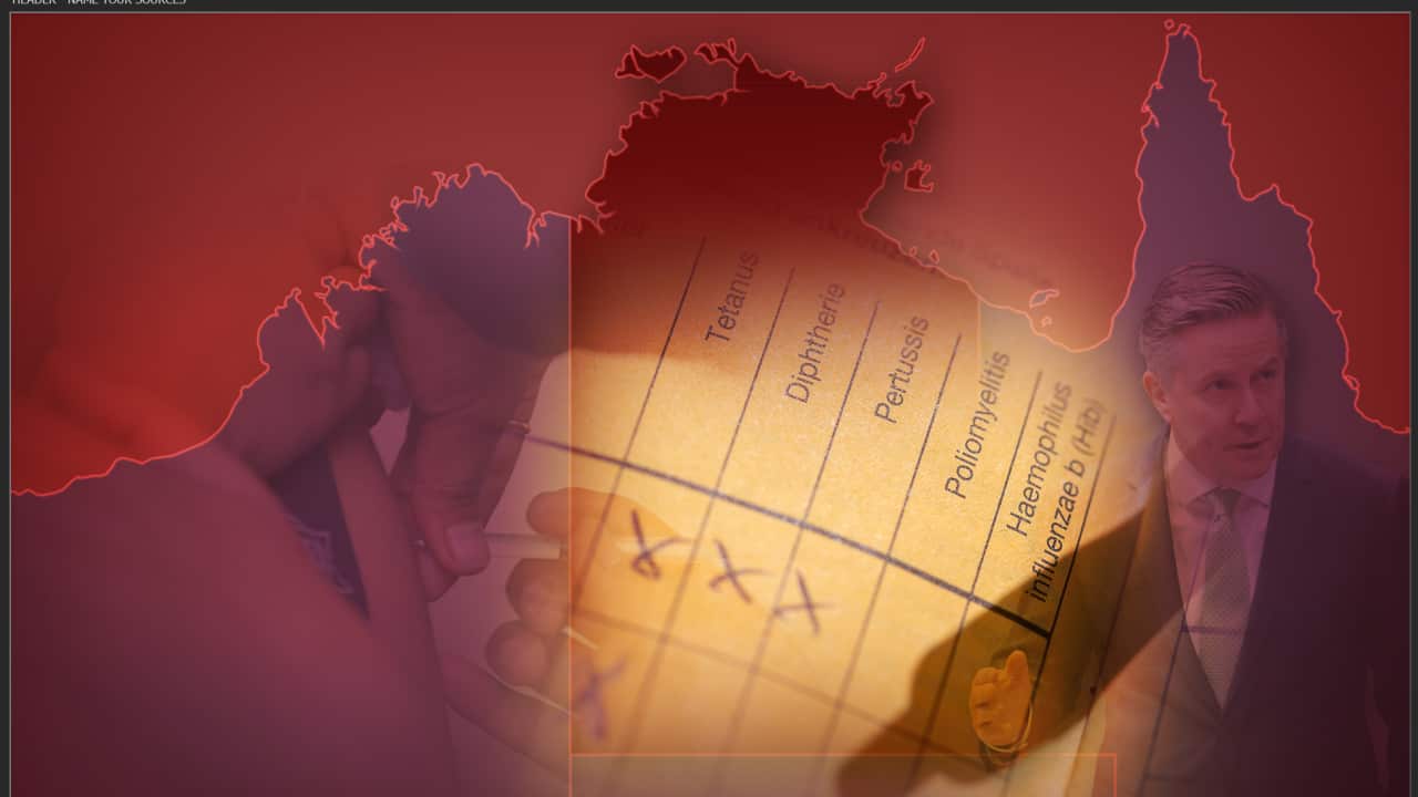 Red-toned collage of Australia map, child vaccination card, and politician speaking on immunization.