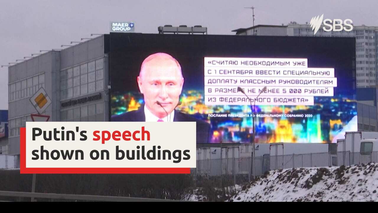 Quotes from Putin's annual speech seen on large screens around Moscow