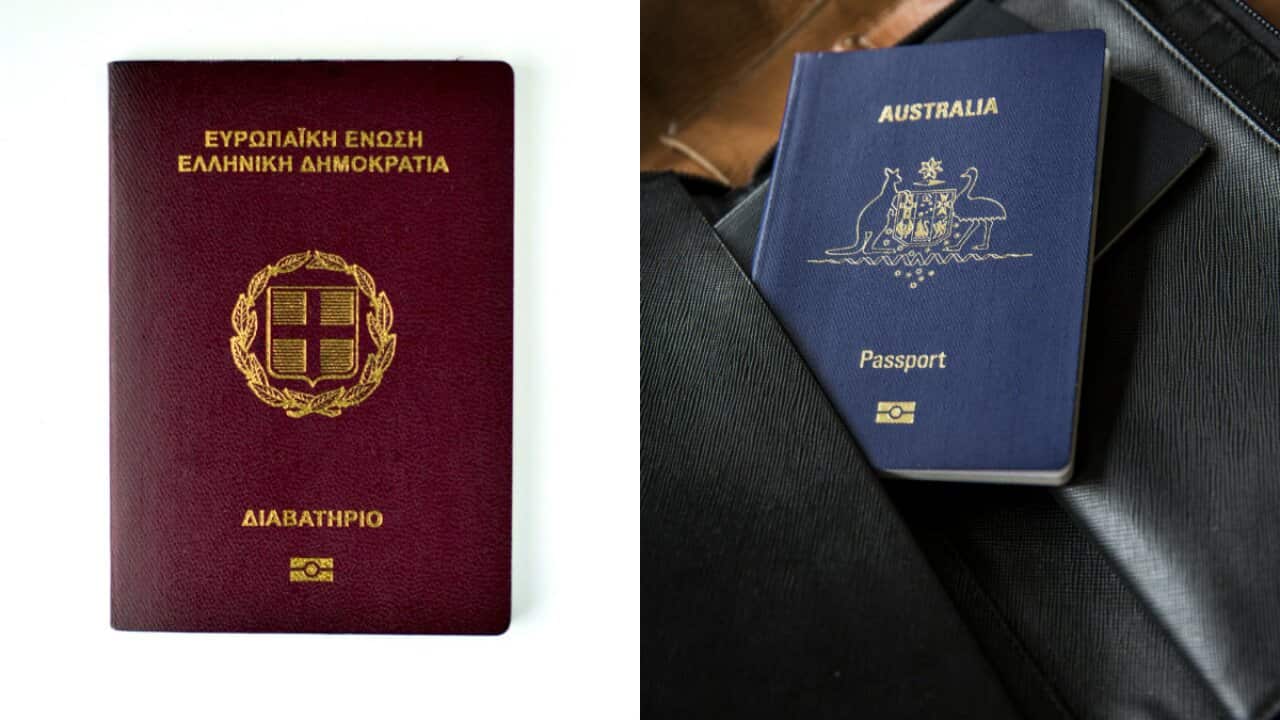 Greek and Australian passports.