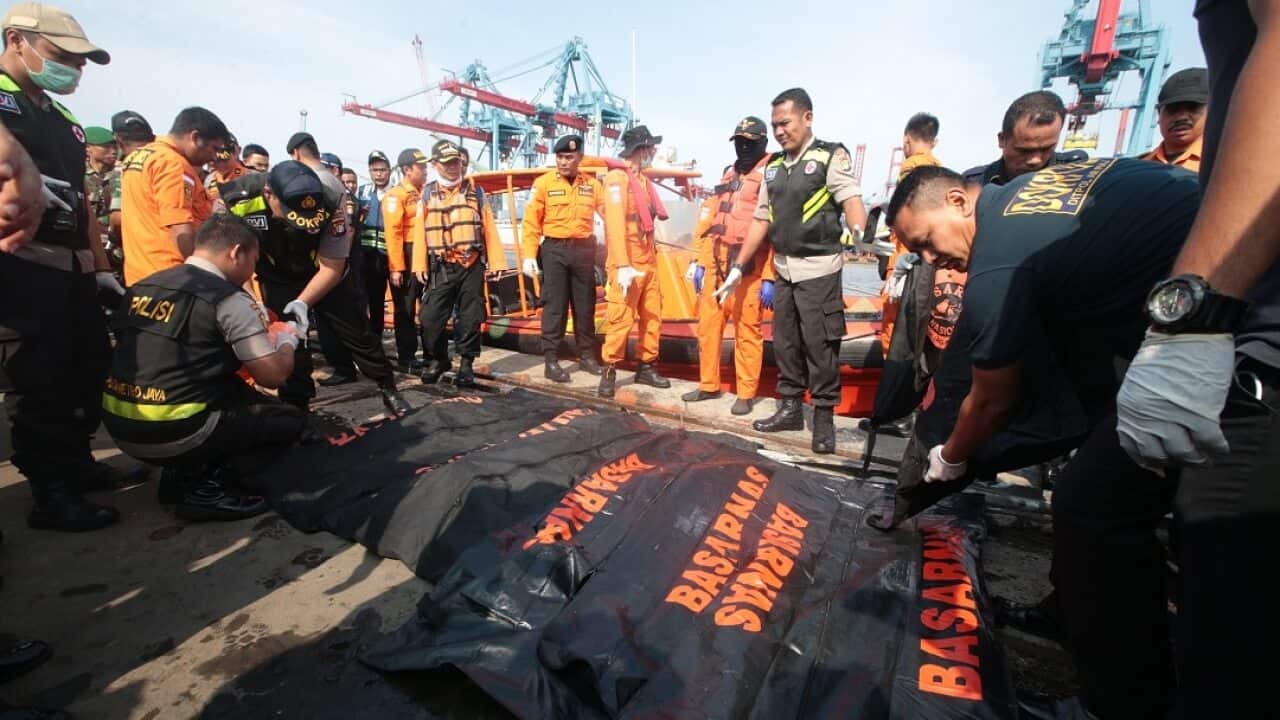 Indonesian rescue team members have retrieved body parts from the water where a plane crashed.