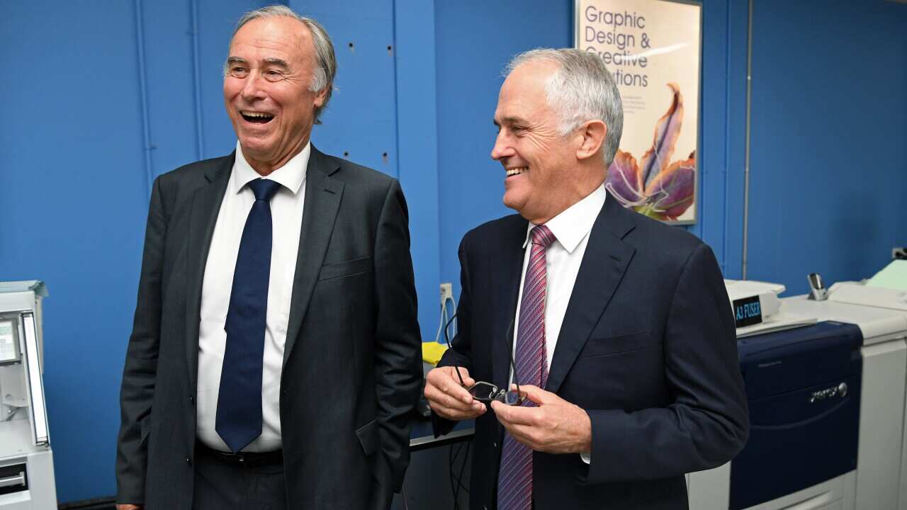 (File Image) Malcolm Turnbull and John Alexander visit a printing company in Sydney in April 2017.