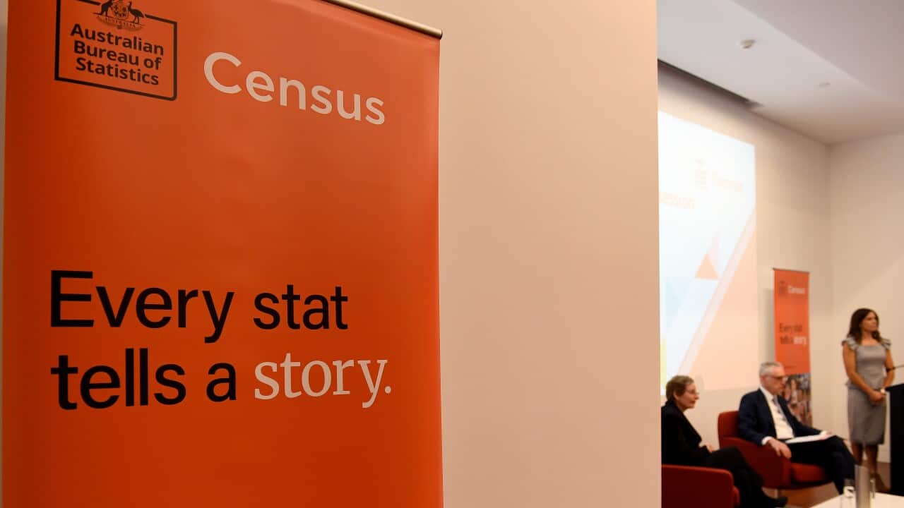 A banner is seen during the ABS 2021 Census Data Release, Canberra, Tuesday, June 28, 2022